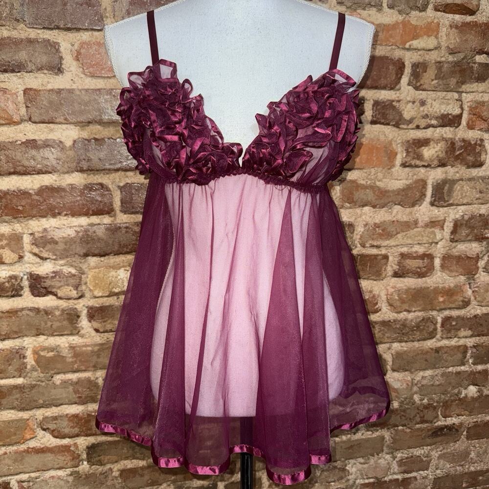 Frederick's Of Hollywood VTG Sheer Chiffon Lace Babydoll 80s Maroon Sz S Ribbon